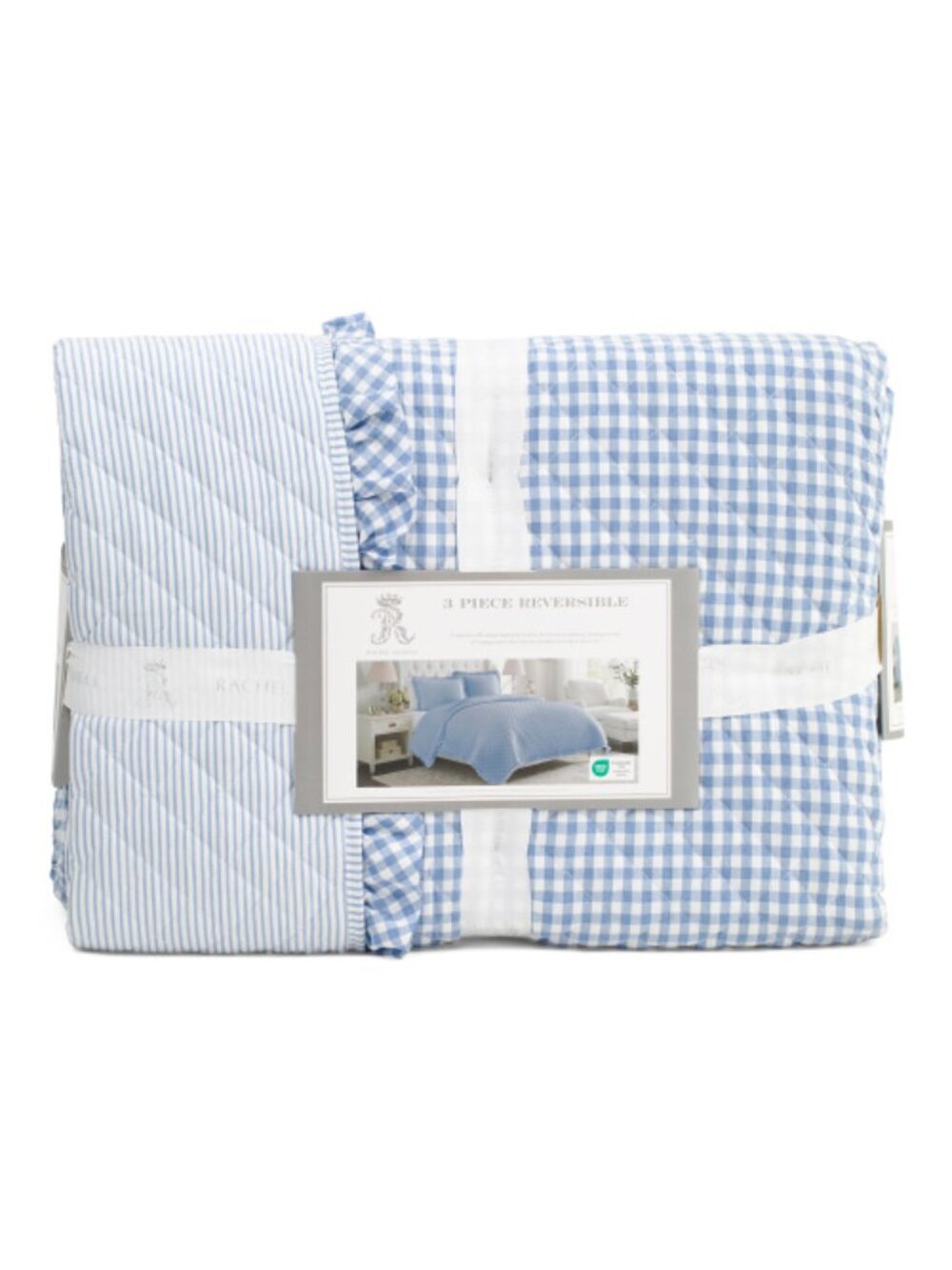 RACHEL ASHWELL 3pc Reversible Striped Gingham Quilt Set